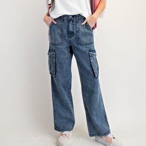 easel Cargo Denim Trousers in Blue Wash